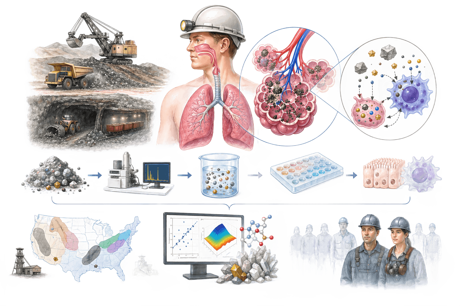 Scientific illustration of airborne mine dust health research: surface and underground mining operations (top left) generate respirable dust tha