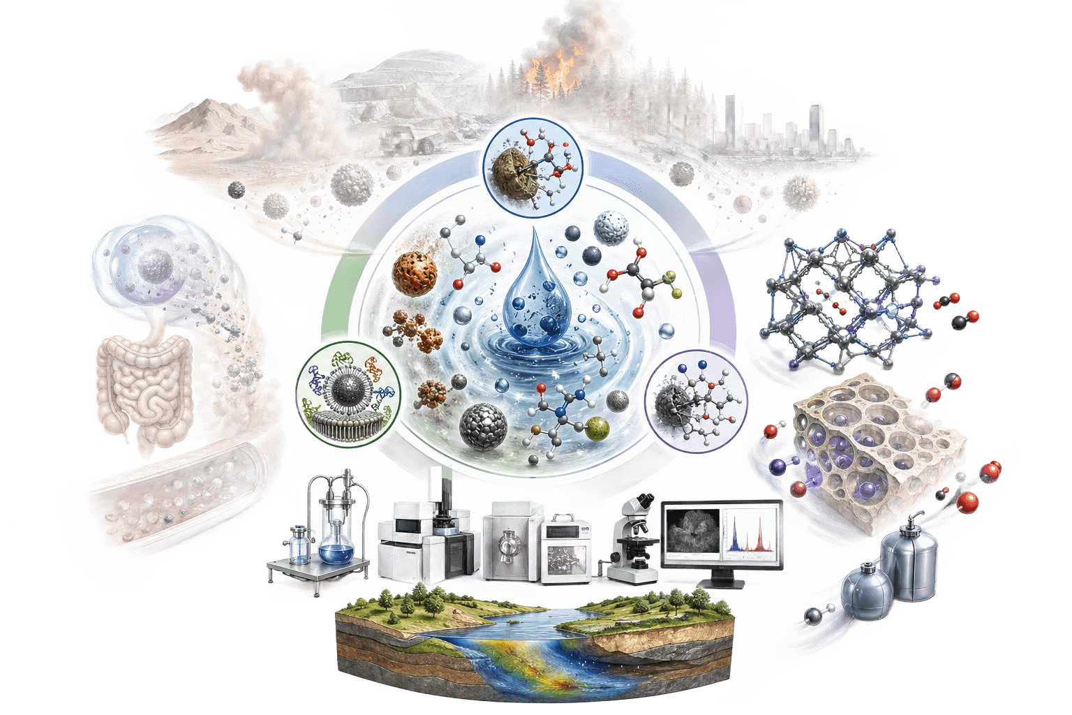 Scientific illustration summarizing the Environmental Chemistry Research Group's research areas: atmospheric chemistry, PFAS and PPCP fate and t